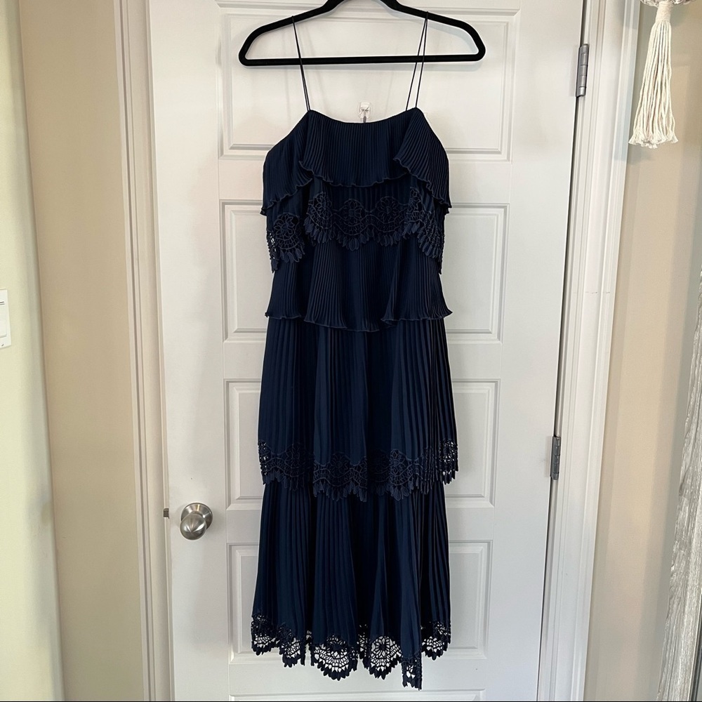 𝅺SELF-PORTRAIT Navy Blue Floral Lace Pleated Ruffle Tiered Long Maxi Dress Gown